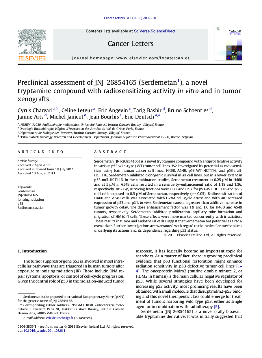 Preclinical assessment of JNJ-26854165 (Serdemetan1), a novel tryptamine compound with radiosensitizing activity in vitro and in tumor xenografts