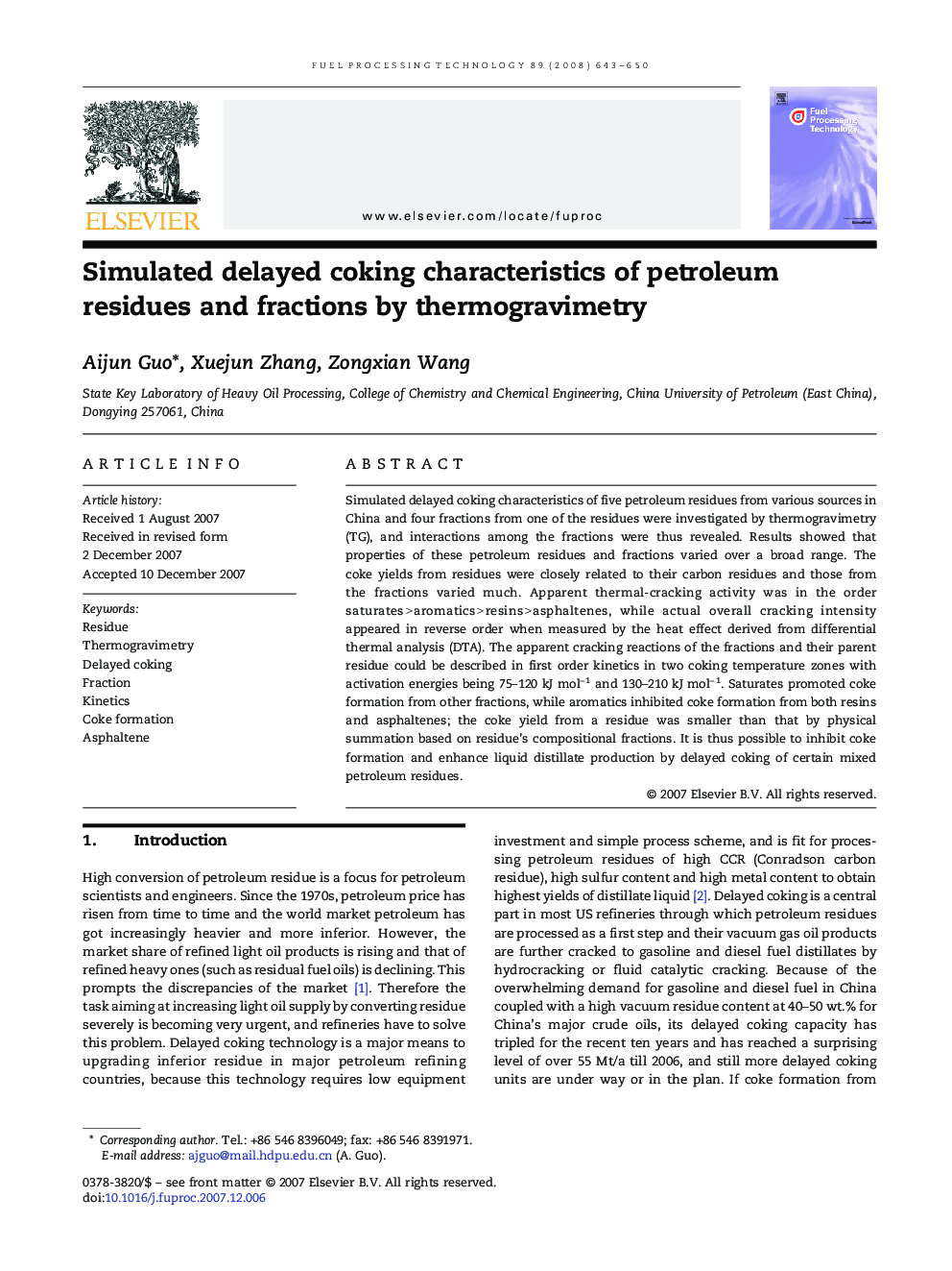 Simulated delayed coking characteristics of petroleum residues and fractions by thermogravimetry