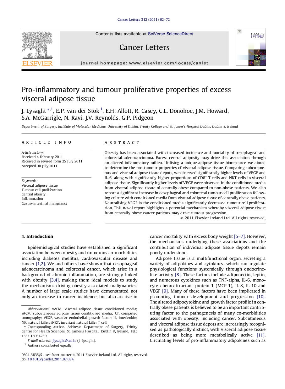 Pro-inflammatory and tumour proliferative properties of excess visceral adipose tissue