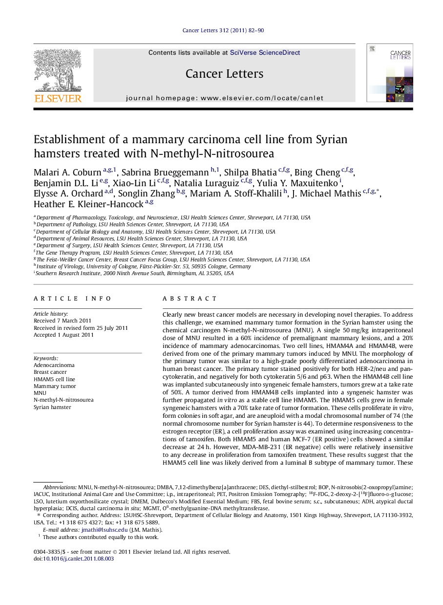 Establishment of a mammary carcinoma cell line from Syrian hamsters treated with N-methyl-N-nitrosourea