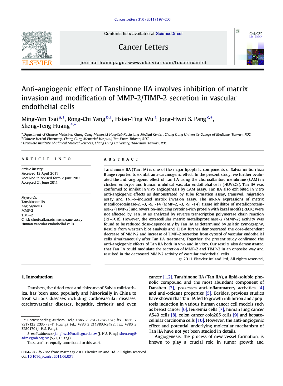 Anti-angiogenic effect of Tanshinone IIA involves inhibition of matrix invasion and modification of MMP-2/TIMP-2 secretion in vascular endothelial cells