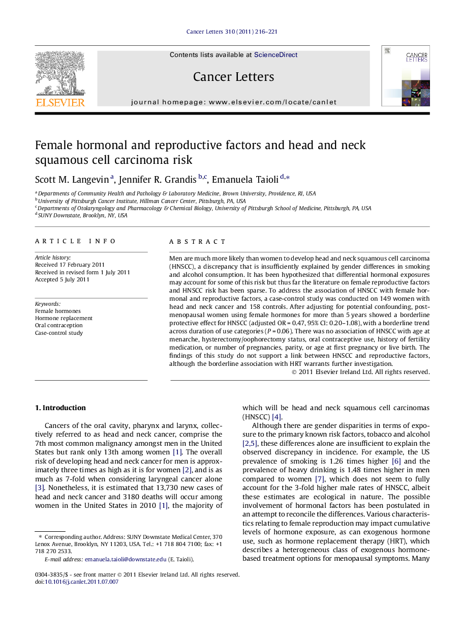 Female hormonal and reproductive factors and head and neck squamous cell carcinoma risk