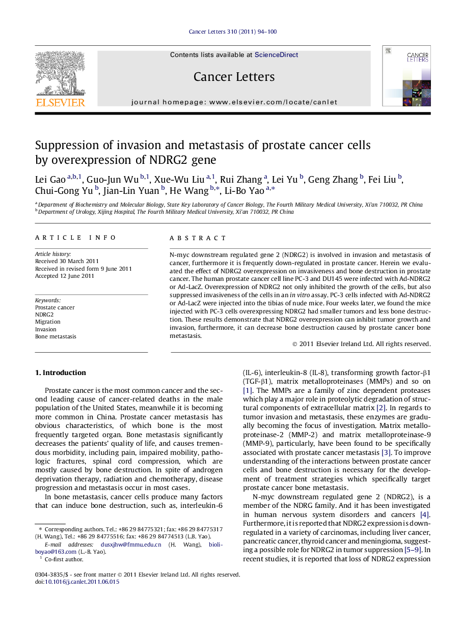 Suppression of invasion and metastasis of prostate cancer cells by overexpression of NDRG2 gene