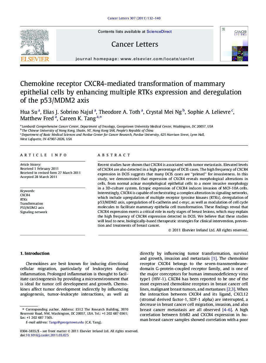 Chemokine receptor CXCR4-mediated transformation of mammary epithelial cells by enhancing multiple RTKs expression and deregulation of the p53/MDM2 axis