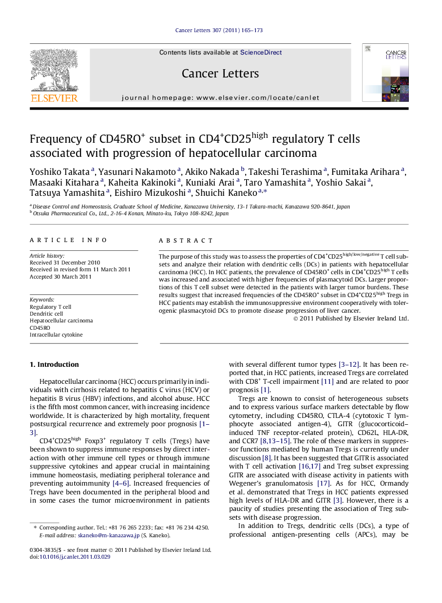 Frequency of CD45RO+ subset in CD4+CD25high regulatory T cells associated with progression of hepatocellular carcinoma