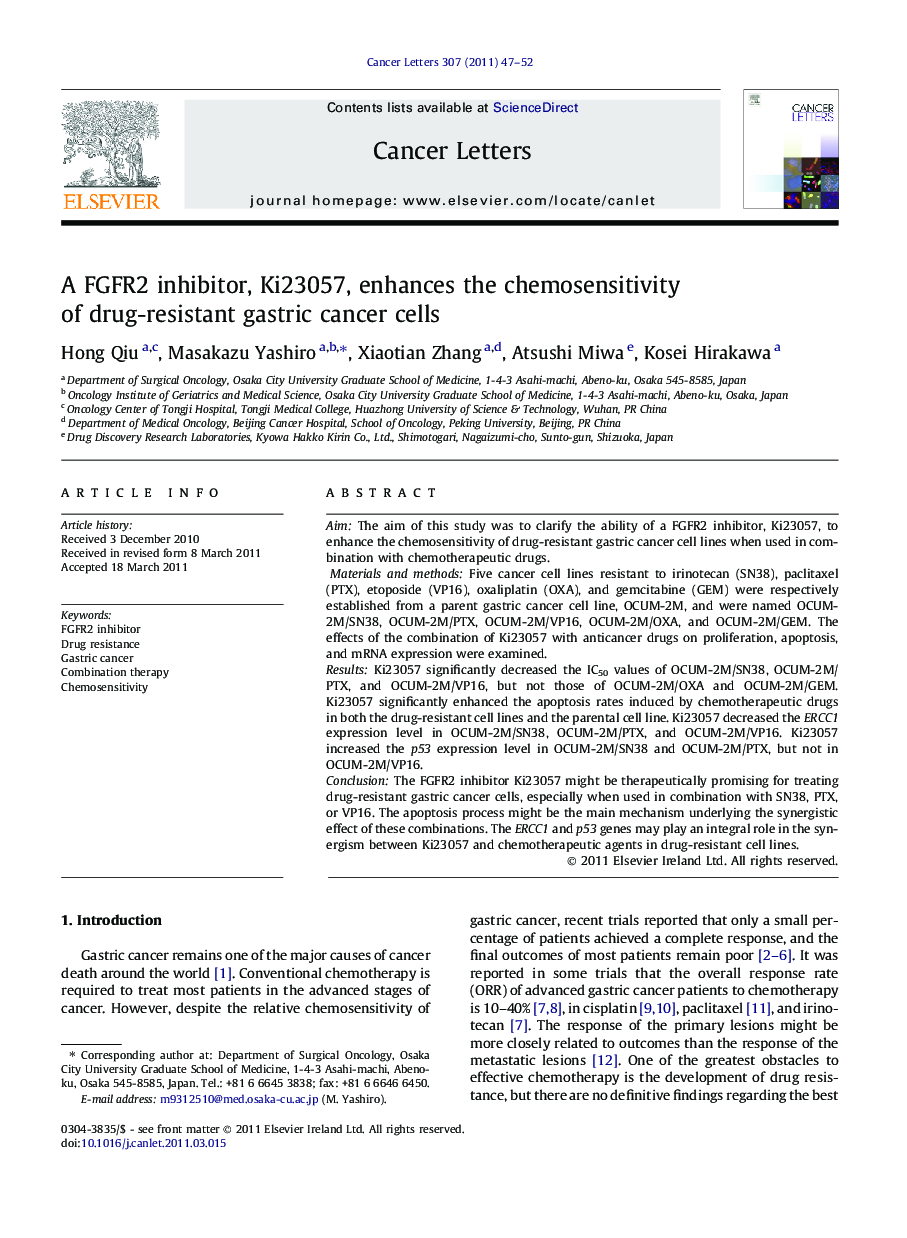 A FGFR2 inhibitor, Ki23057, enhances the chemosensitivity of drug-resistant gastric cancer cells