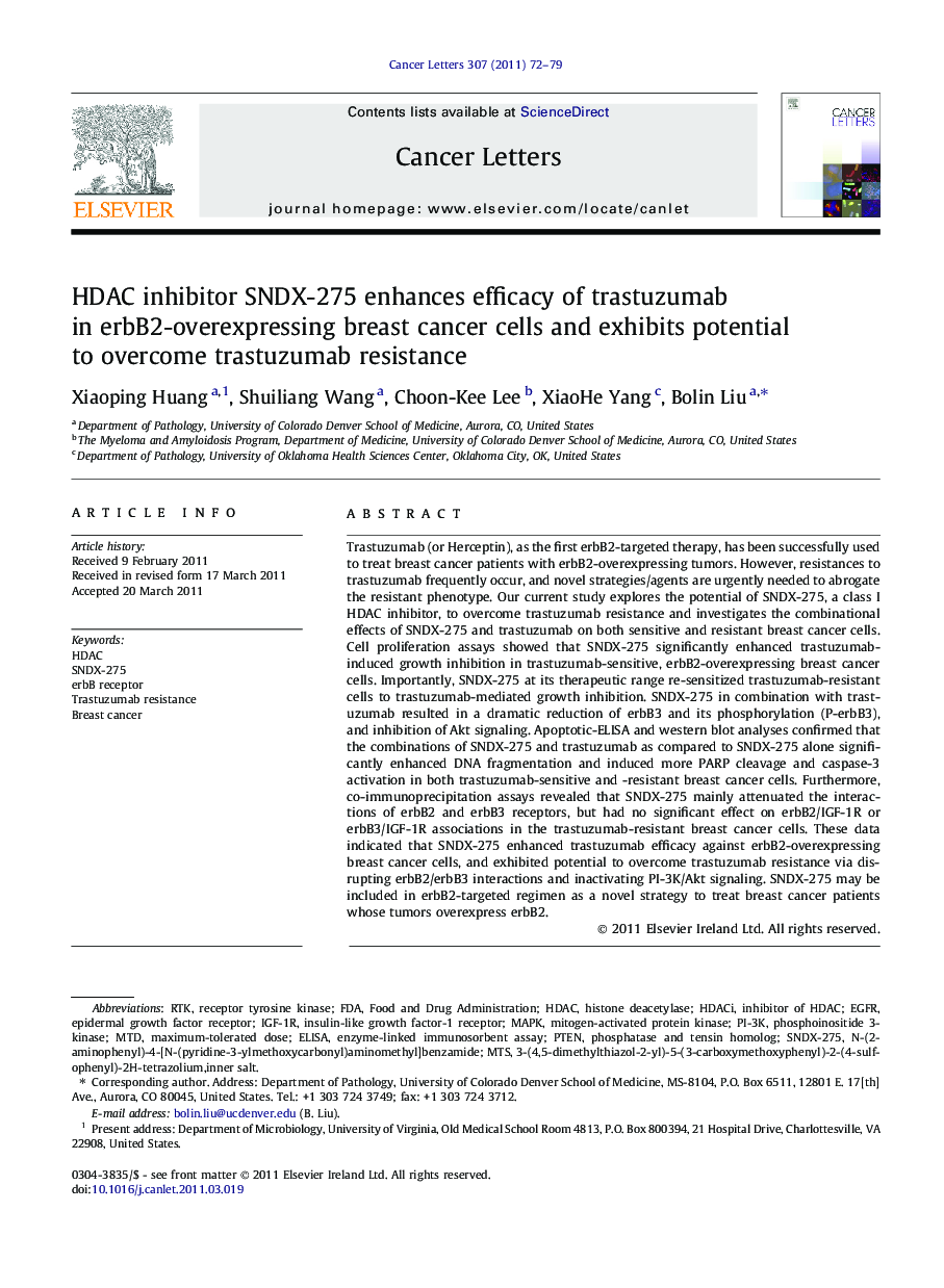 HDAC inhibitor SNDX-275 enhances efficacy of trastuzumab in erbB2-overexpressing breast cancer cells and exhibits potential to overcome trastuzumab resistance