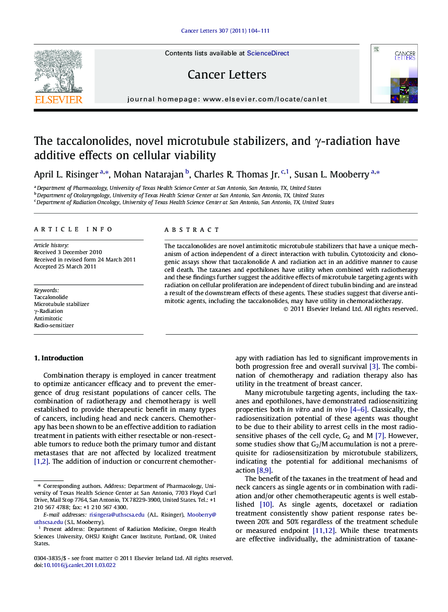 The taccalonolides, novel microtubule stabilizers, and γ-radiation have additive effects on cellular viability