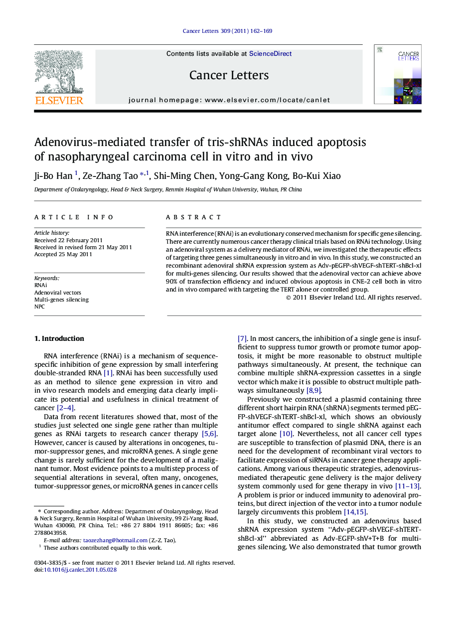 Adenovirus-mediated transfer of tris-shRNAs induced apoptosis of nasopharyngeal carcinoma cell in vitro and in vivo