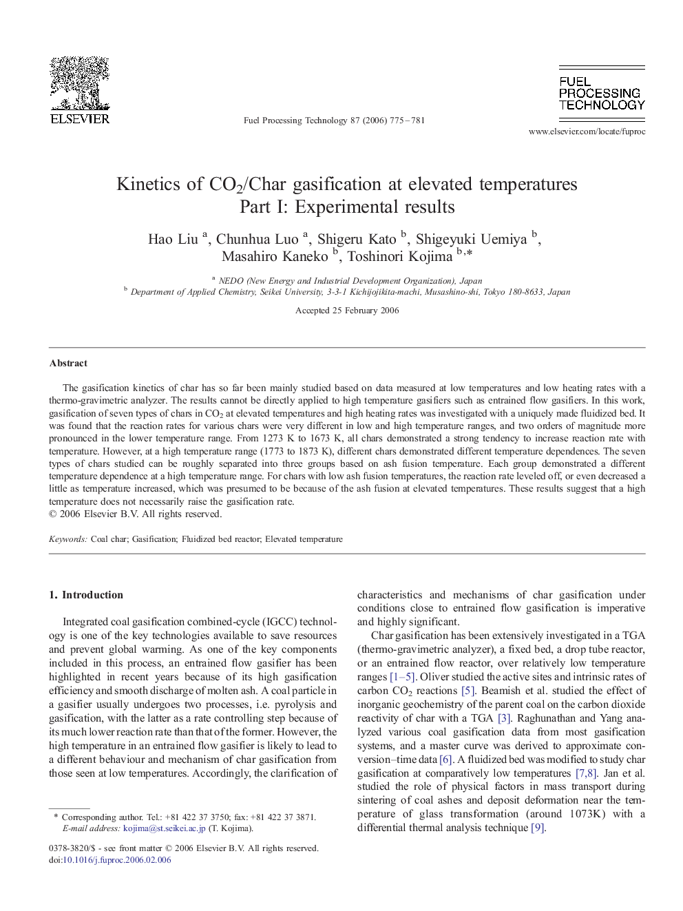 Kinetics of CO2/Char gasification at elevated temperatures: Part I: Experimental results