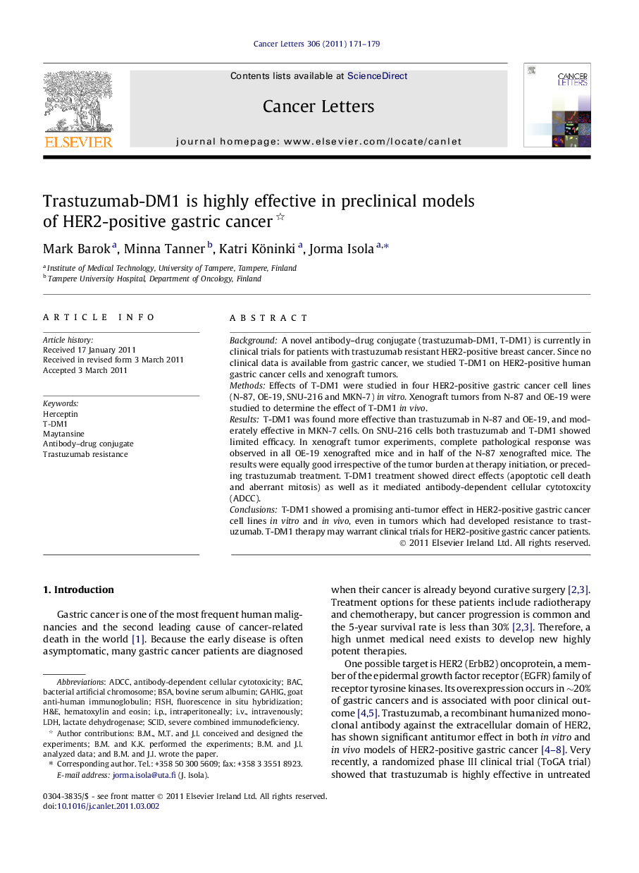 Trastuzumab-DM1 is highly effective in preclinical models of HER2-positive gastric cancer 