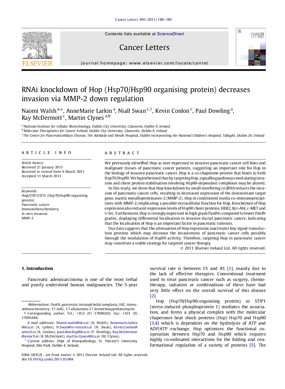 RNAi knockdown of Hop (Hsp70/Hsp90 organising protein) decreases invasion via MMP-2 down regulation