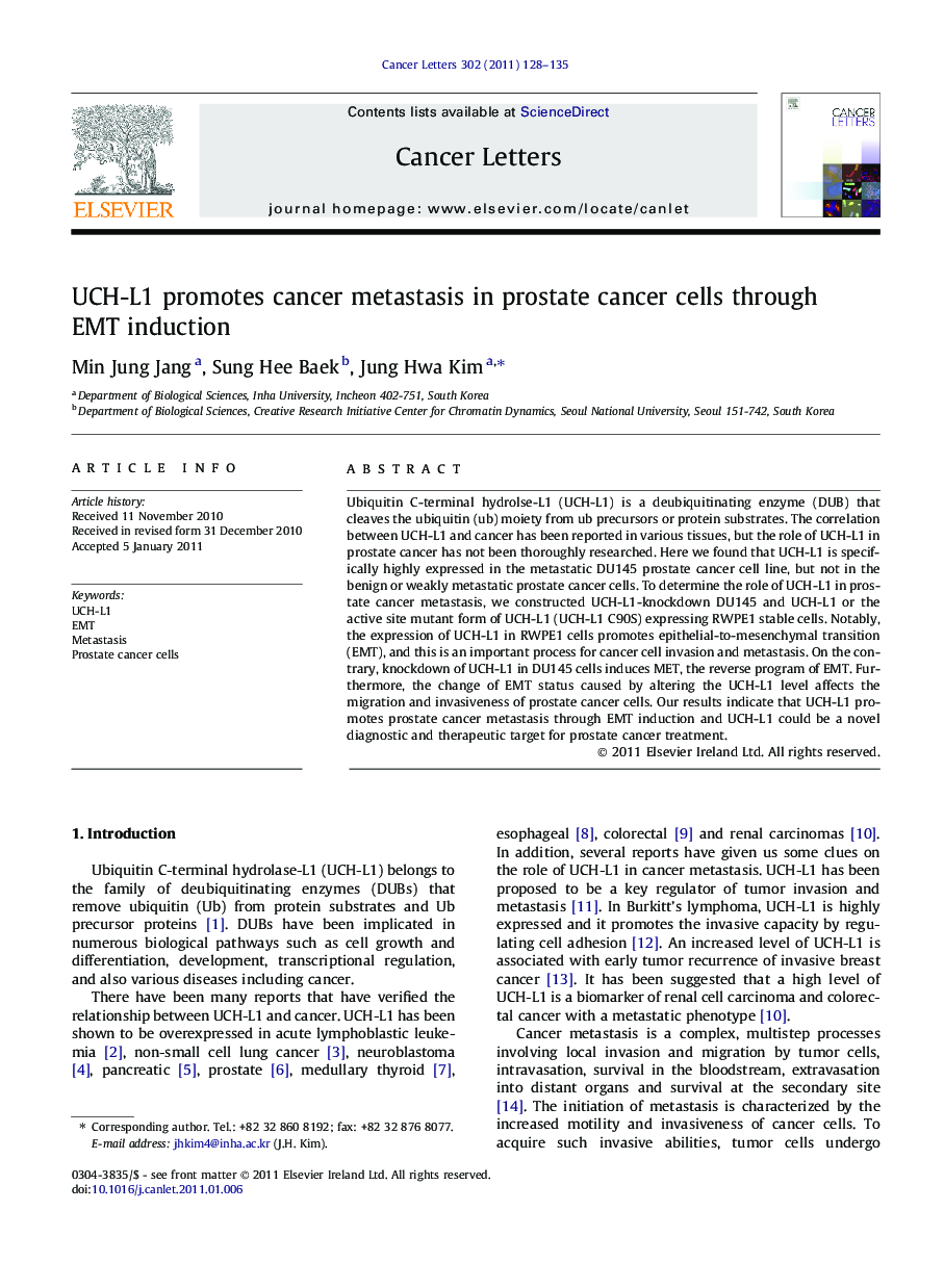 UCH-L1 promotes cancer metastasis in prostate cancer cells through EMT induction