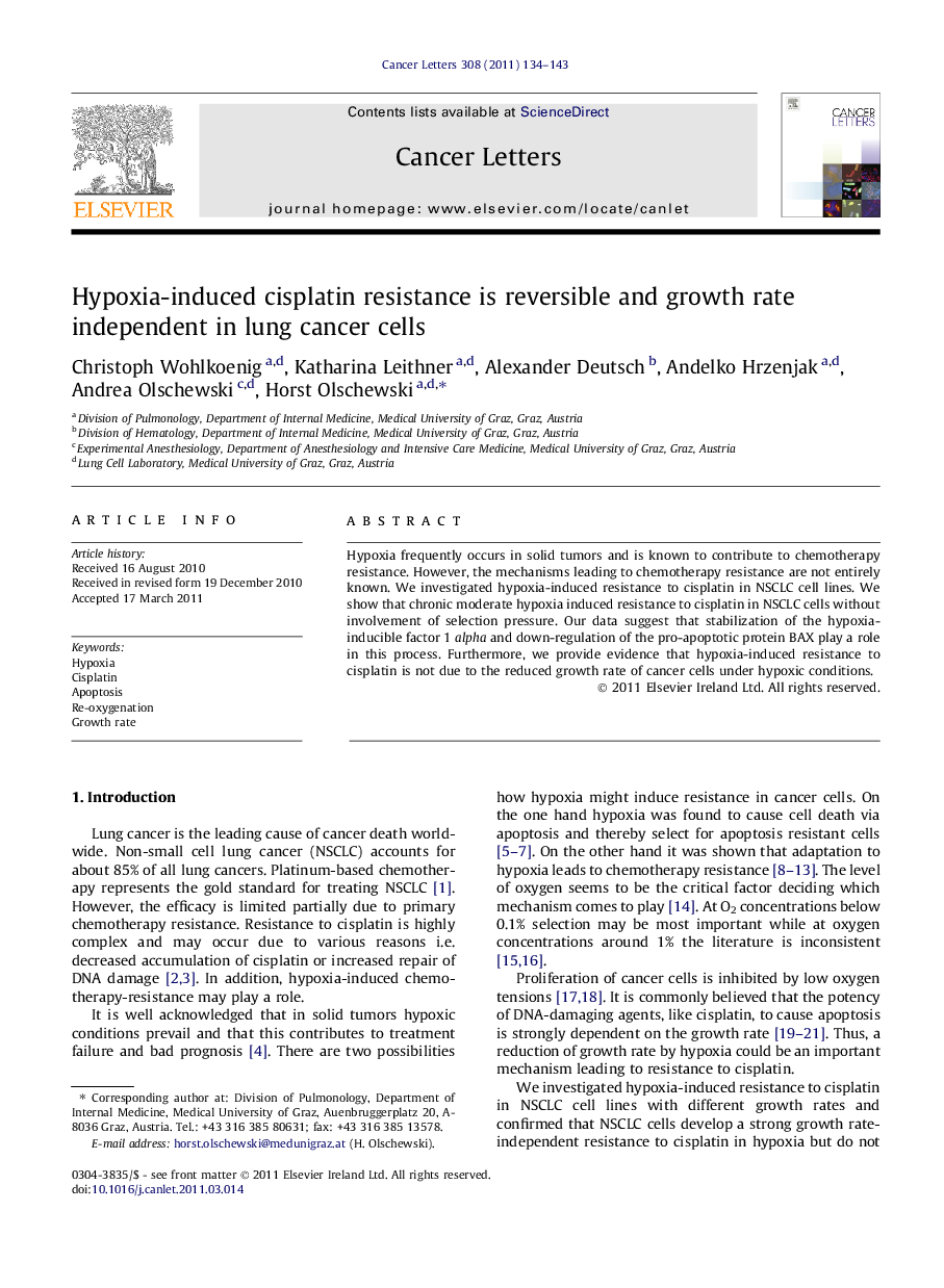 Hypoxia-induced cisplatin resistance is reversible and growth rate independent in lung cancer cells