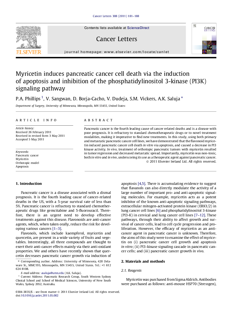 Myricetin induces pancreatic cancer cell death via the induction of apoptosis and inhibition of the phosphatidylinositol 3-kinase (PI3K) signaling pathway