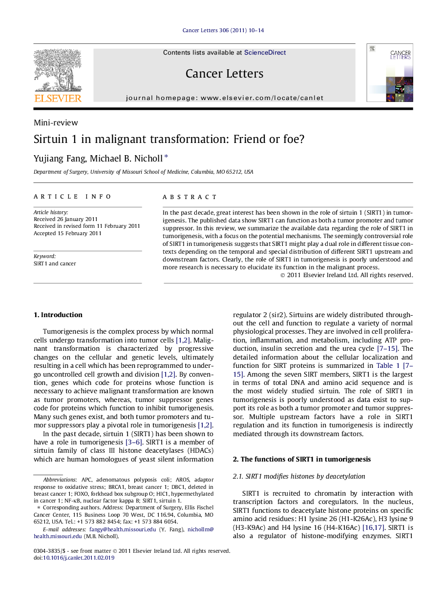 Sirtuin 1 in malignant transformation: Friend or foe?