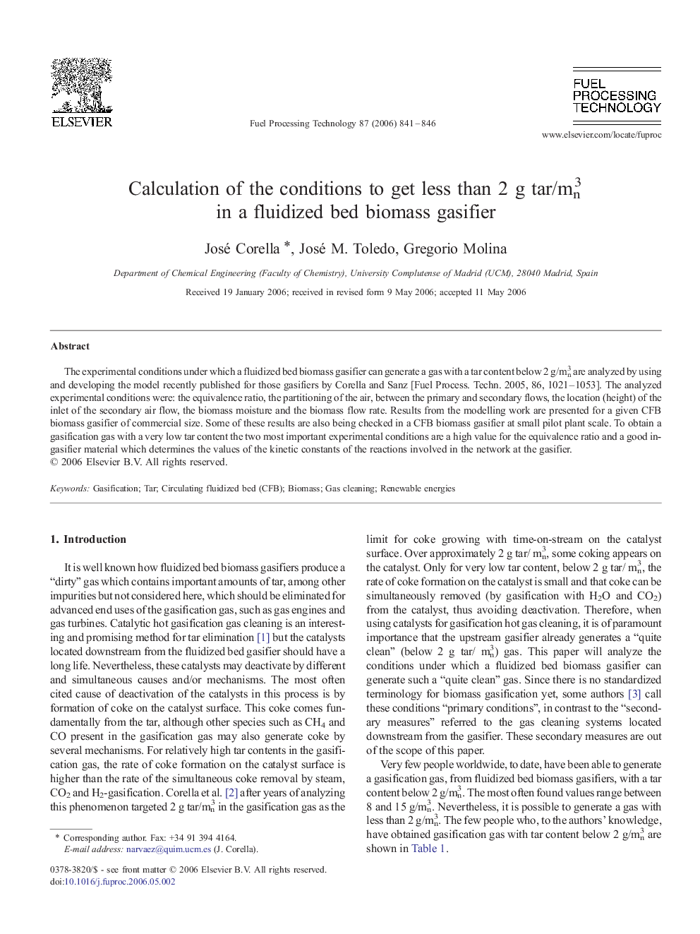 Calculation of the conditions to get less than 2 g tar/mn3 in a fluidized bed biomass gasifier