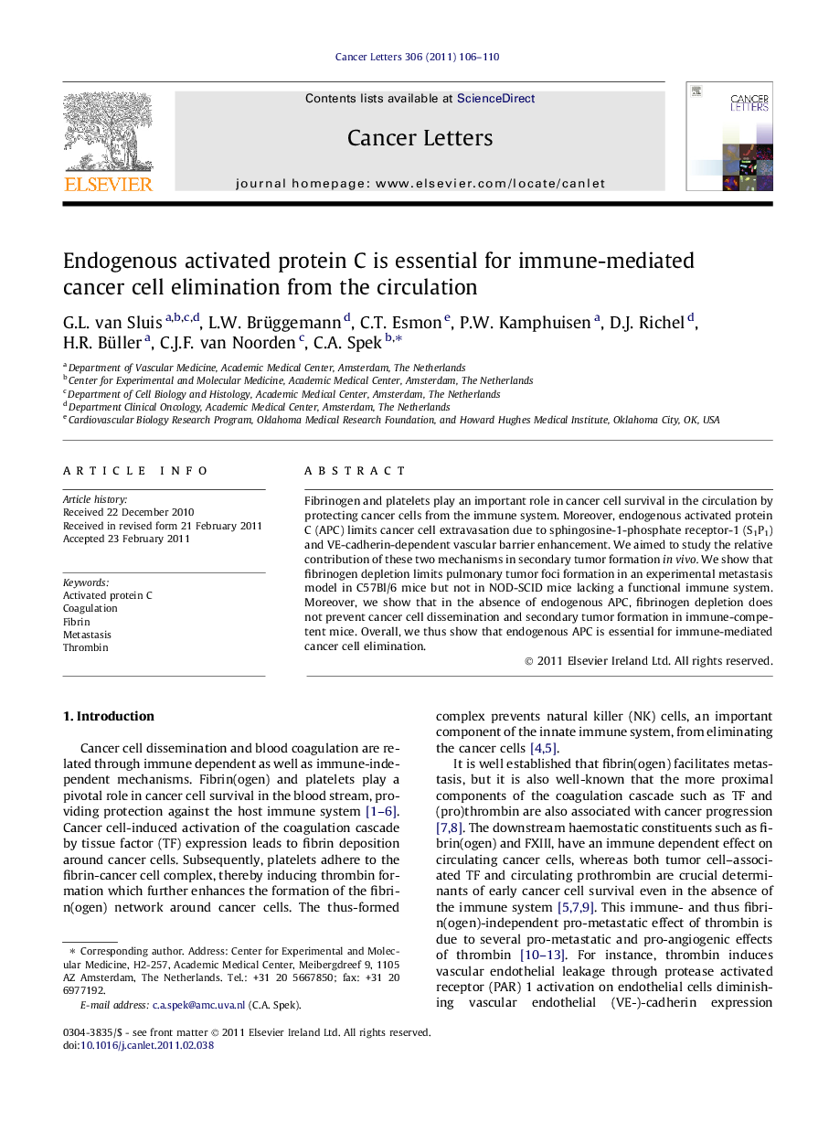 Endogenous activated protein C is essential for immune-mediated cancer cell elimination from the circulation