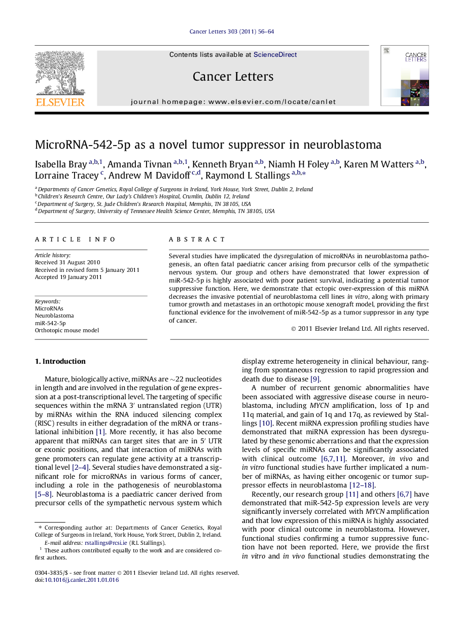 MicroRNA-542-5p as a novel tumor suppressor in neuroblastoma