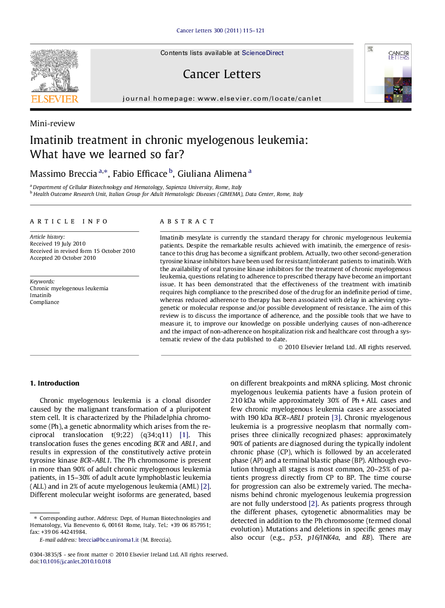 Imatinib treatment in chronic myelogenous leukemia: What have we learned so far?