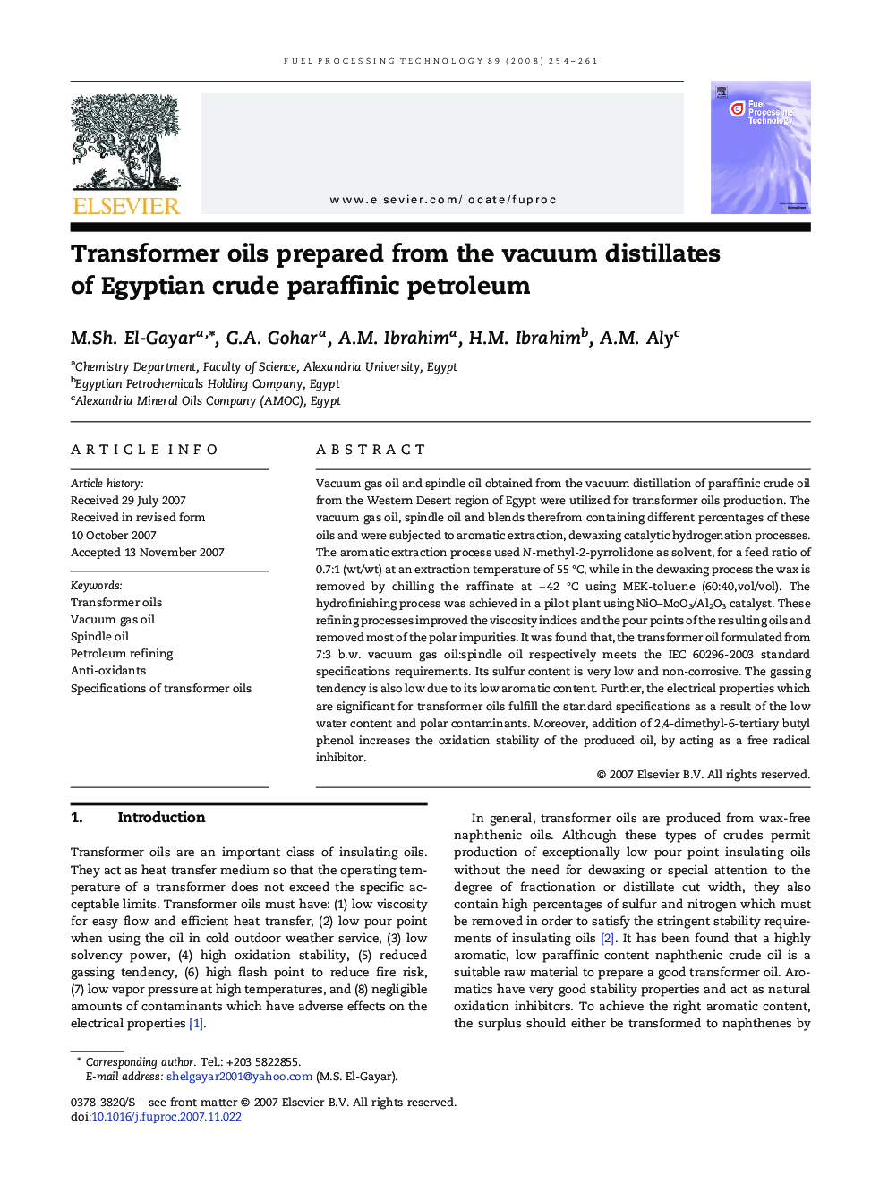 Transformer oils prepared from the vacuum distillates of Egyptian crude paraffinic petroleum