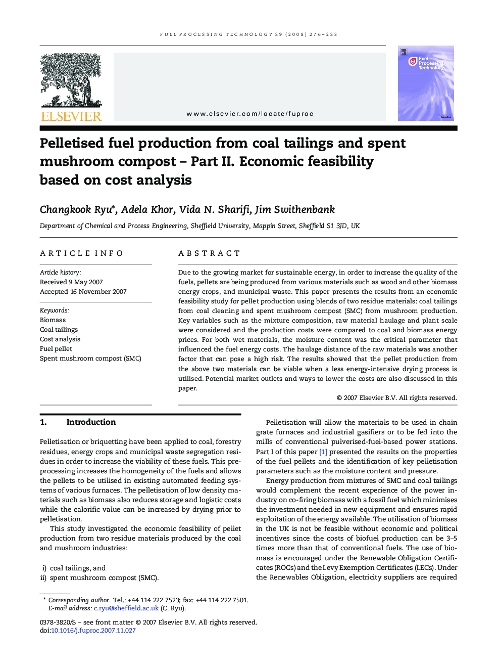 Pelletised fuel production from coal tailings and spent mushroom compost – Part II. Economic feasibility based on cost analysis