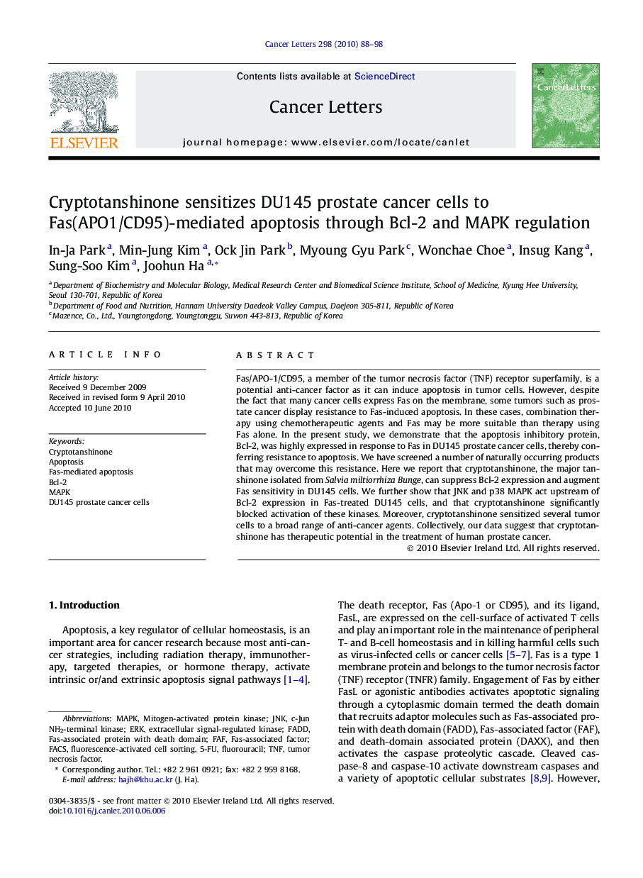 Cryptotanshinone sensitizes DU145 prostate cancer cells to Fas(APO1/CD95)-mediated apoptosis through Bcl-2 and MAPK regulation