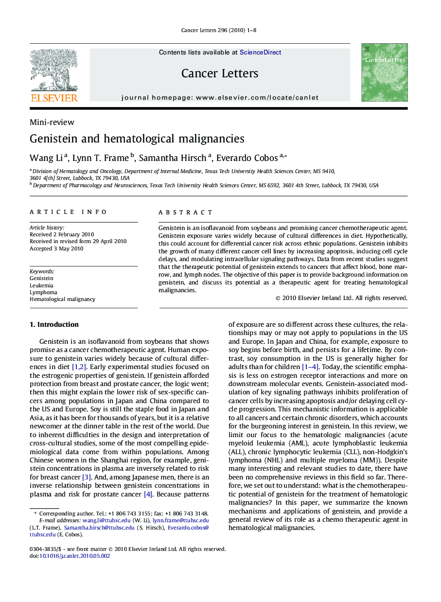 Genistein and hematological malignancies