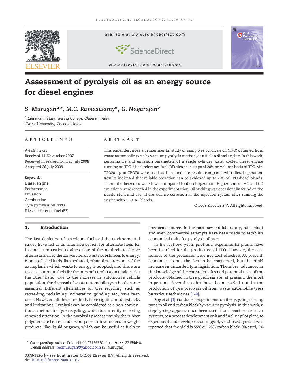 Assessment of pyrolysis oil as an energy source for diesel engines