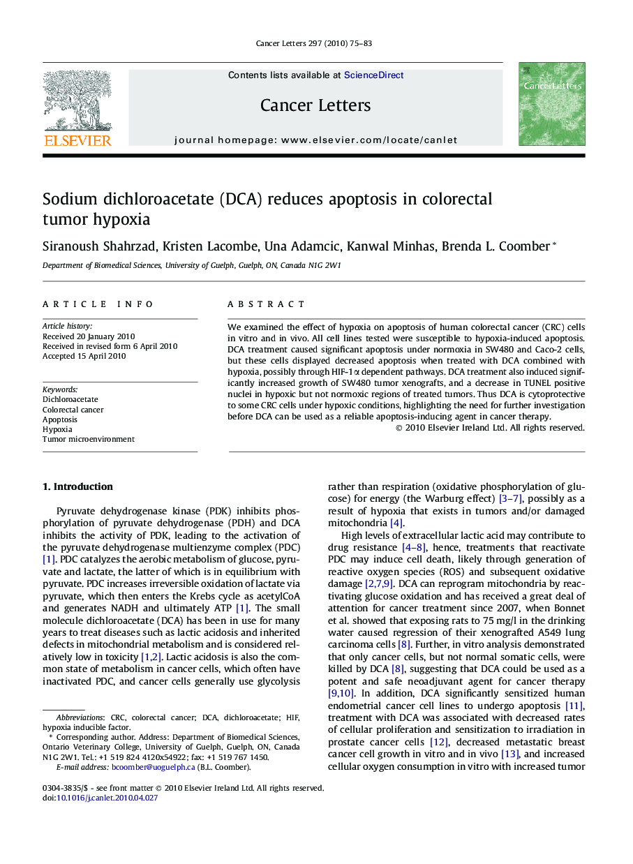 Sodium dichloroacetate (DCA) reduces apoptosis in colorectal tumor hypoxia