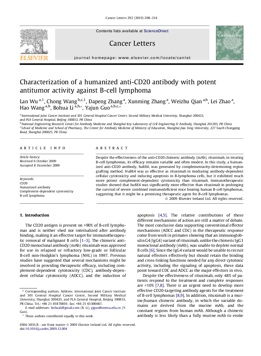 Characterization of a humanized anti-CD20 antibody with potent antitumor activity against B-cell lymphoma