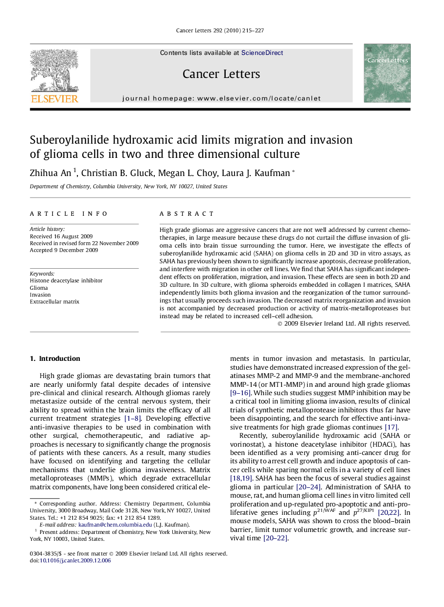 Suberoylanilide hydroxamic acid limits migration and invasion of glioma cells in two and three dimensional culture