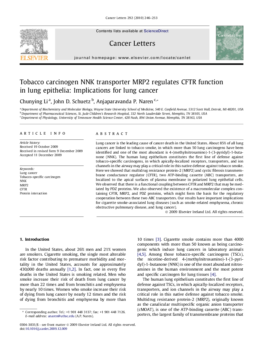 Tobacco carcinogen NNK transporter MRP2 regulates CFTR function in lung epithelia: Implications for lung cancer