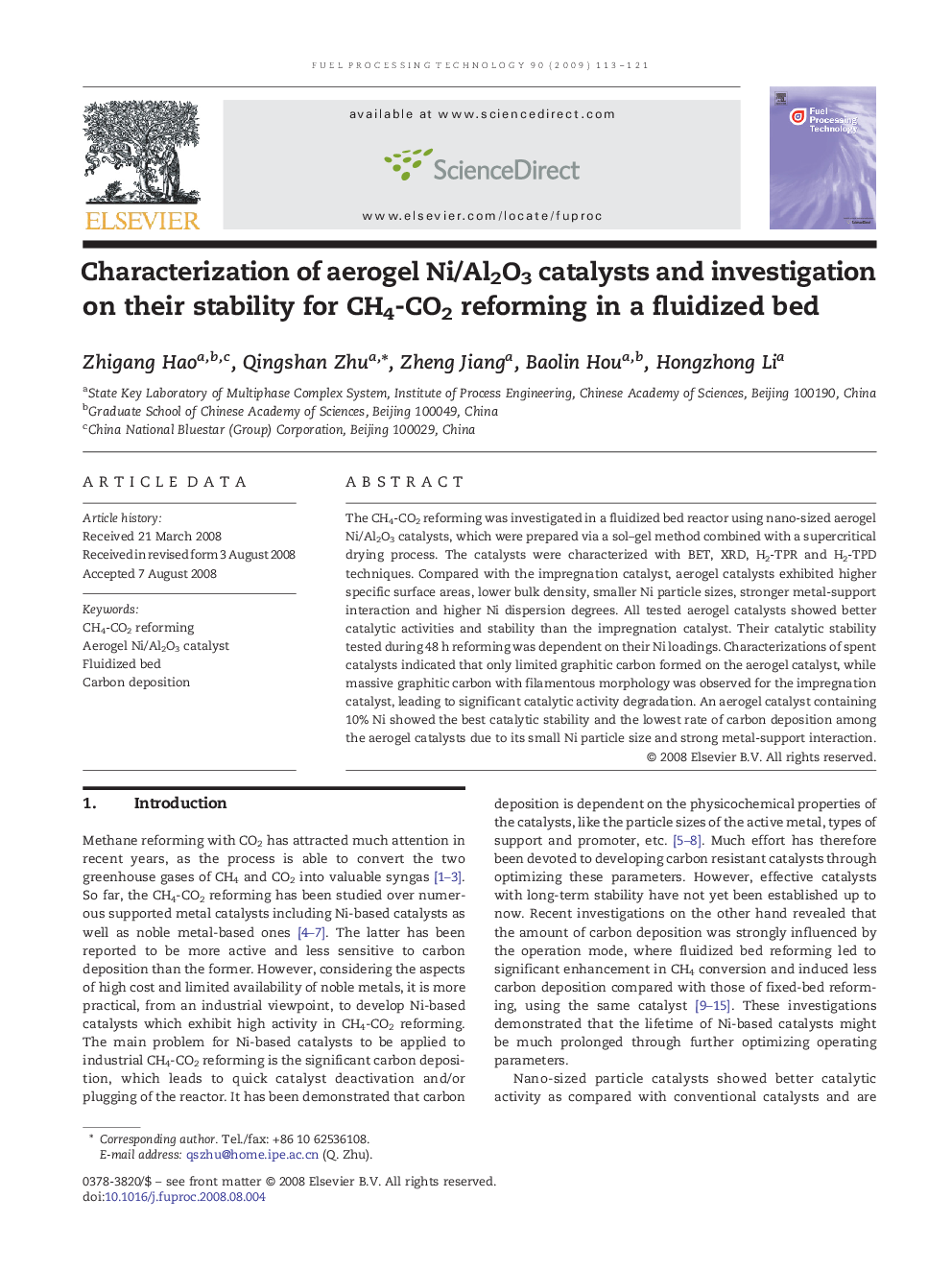 Characterization of aerogel Ni/Al2O3 catalysts and investigation on their stability for CH4-CO2 reforming in a fluidized bed