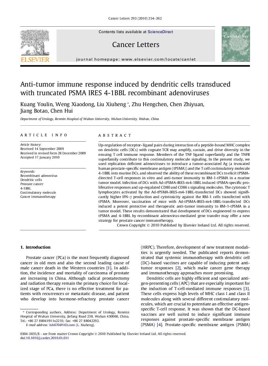 Anti-tumor immune response induced by dendritic cells transduced with truncated PSMA IRES 4-1BBL recombinant adenoviruses