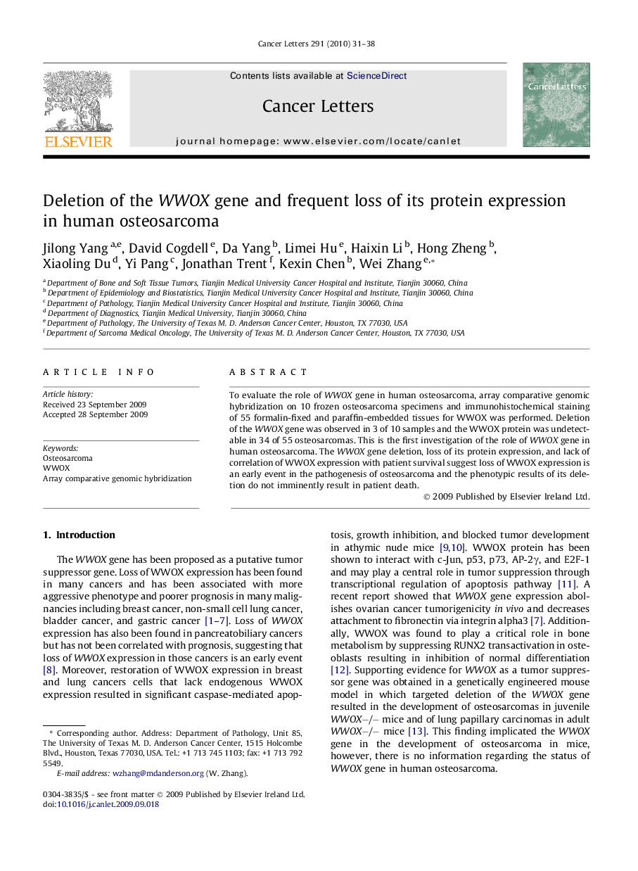 Deletion of the WWOX gene and frequent loss of its protein expression in human osteosarcoma