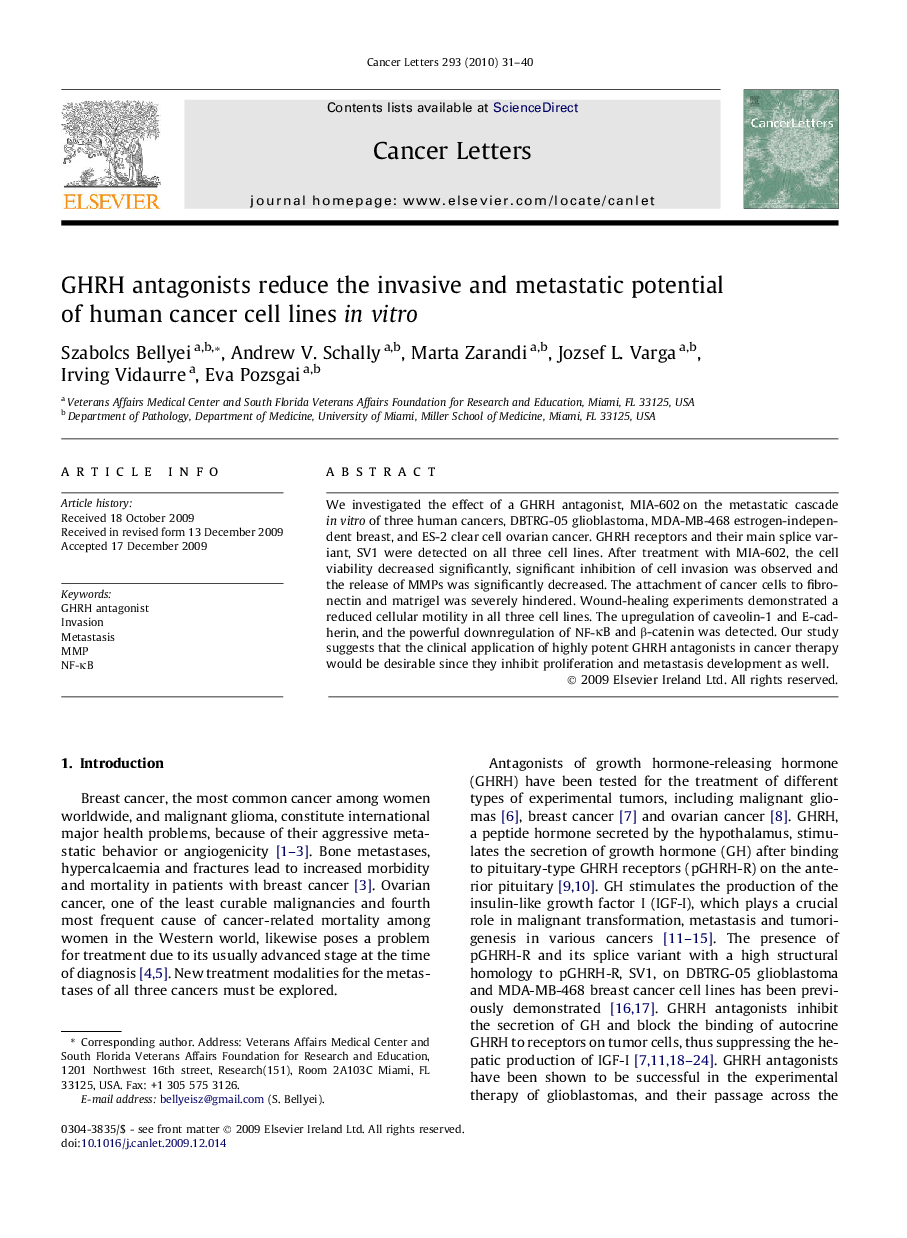 GHRH antagonists reduce the invasive and metastatic potential of human cancer cell lines in vitro