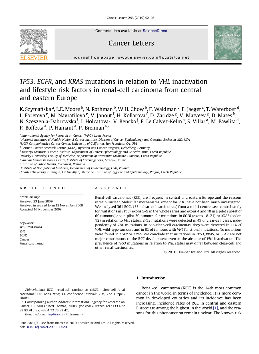 TP53, EGFR, and KRAS mutations in relation to VHL inactivation and lifestyle risk factors in renal-cell carcinoma from central and eastern Europe