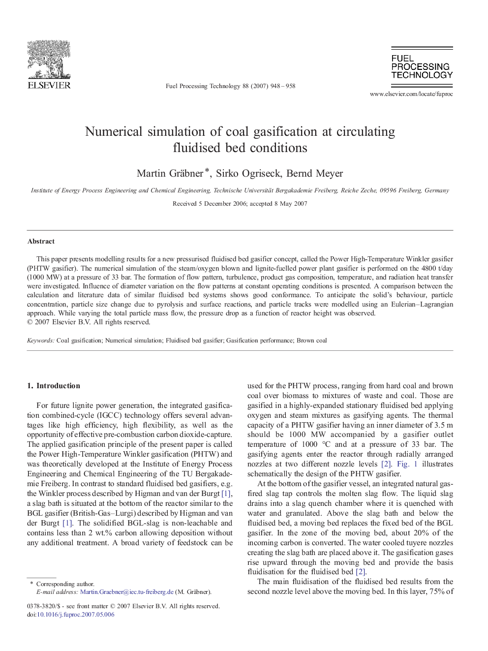 Numerical simulation of coal gasification at circulating fluidised bed conditions