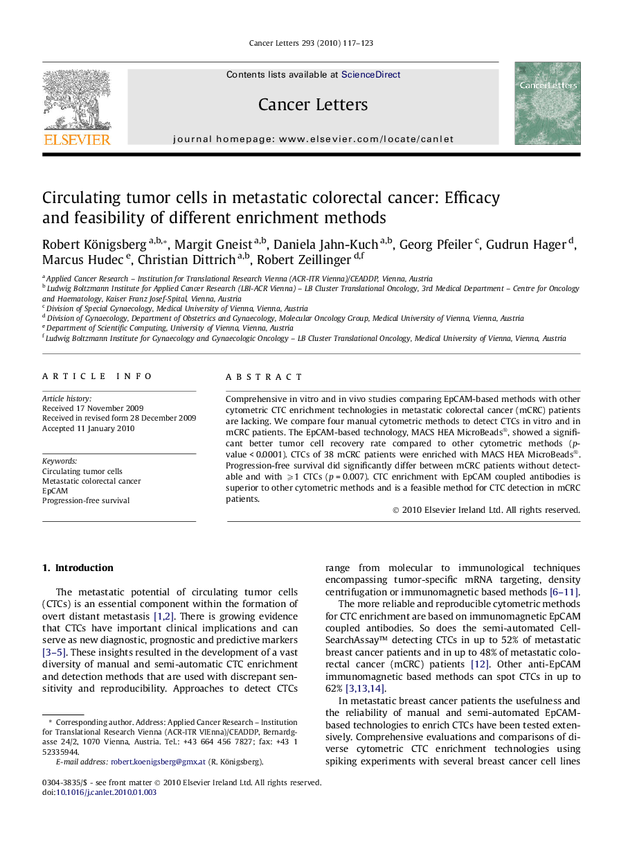 Circulating tumor cells in metastatic colorectal cancer: Efficacy and feasibility of different enrichment methods