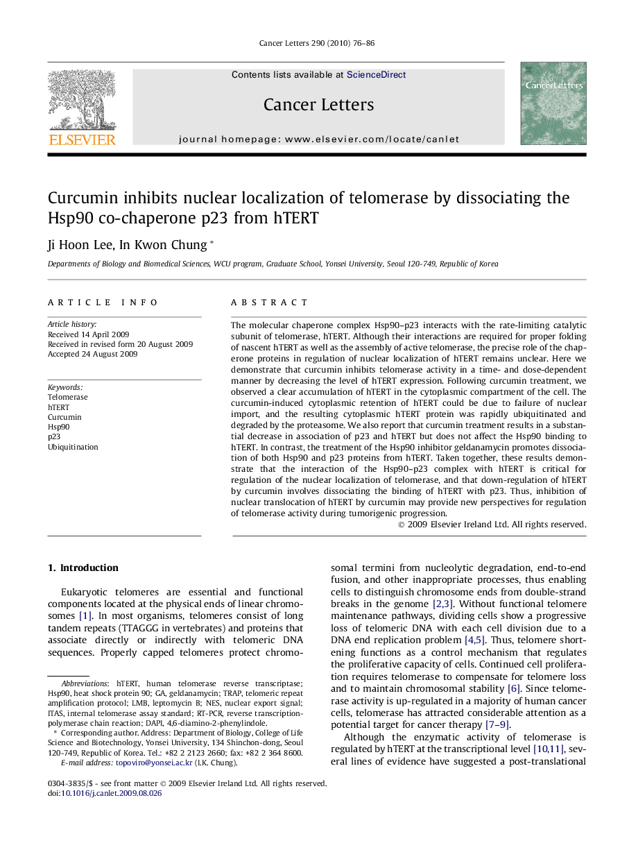 Curcumin inhibits nuclear localization of telomerase by dissociating the Hsp90 co-chaperone p23 from hTERT