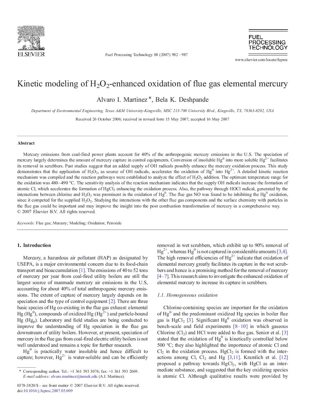 Kinetic modeling of H2O2-enhanced oxidation of flue gas elemental mercury