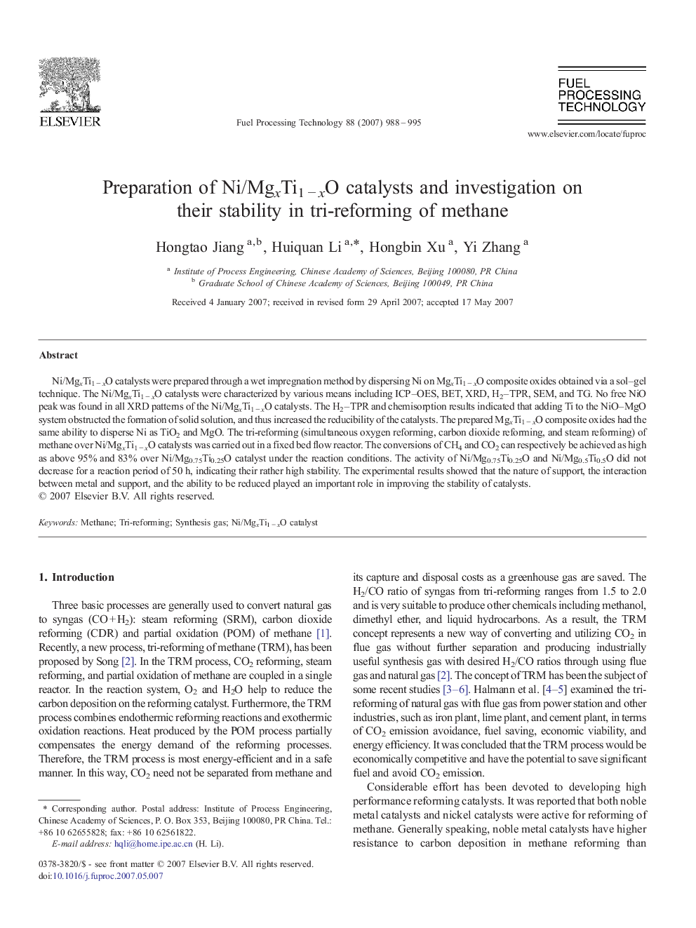 Preparation of Ni/MgxTi1 − xO catalysts and investigation on their stability in tri-reforming of methane