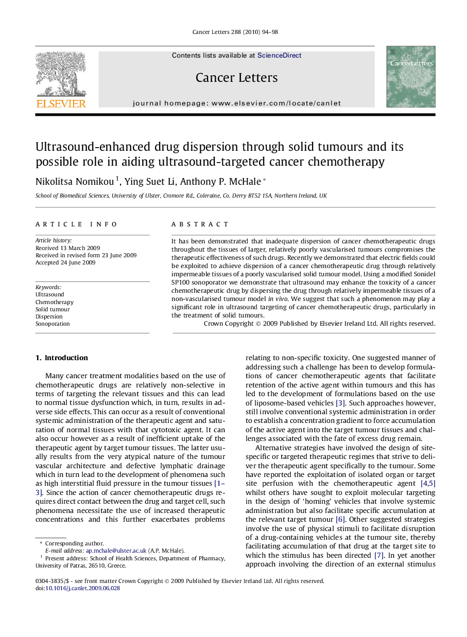 Ultrasound-enhanced drug dispersion through solid tumours and its possible role in aiding ultrasound-targeted cancer chemotherapy