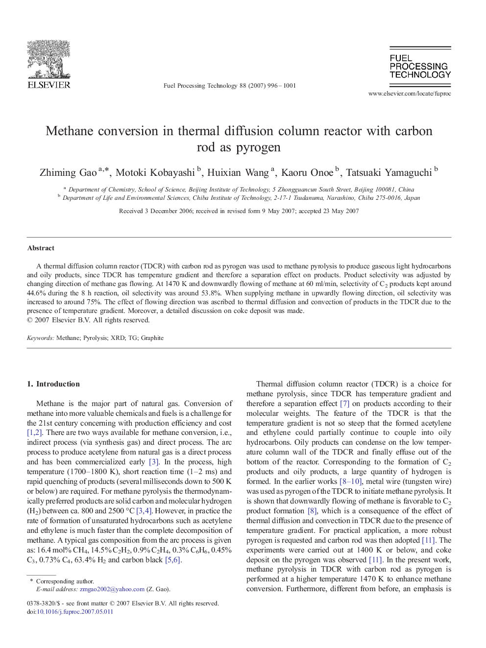 Methane conversion in thermal diffusion column reactor with carbon rod as pyrogen