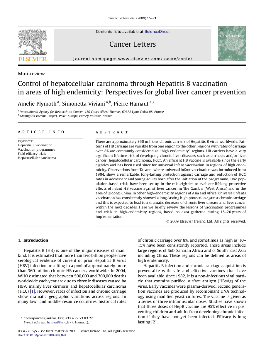 Control of hepatocellular carcinoma through Hepatitis B vaccination in areas of high endemicity: Perspectives for global liver cancer prevention