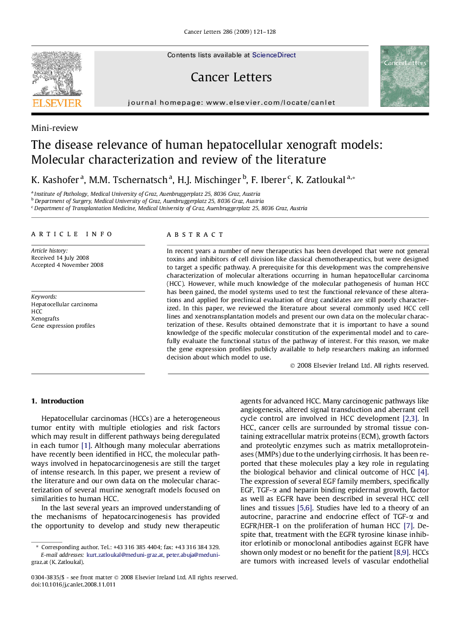 The disease relevance of human hepatocellular xenograft models: Molecular characterization and review of the literature