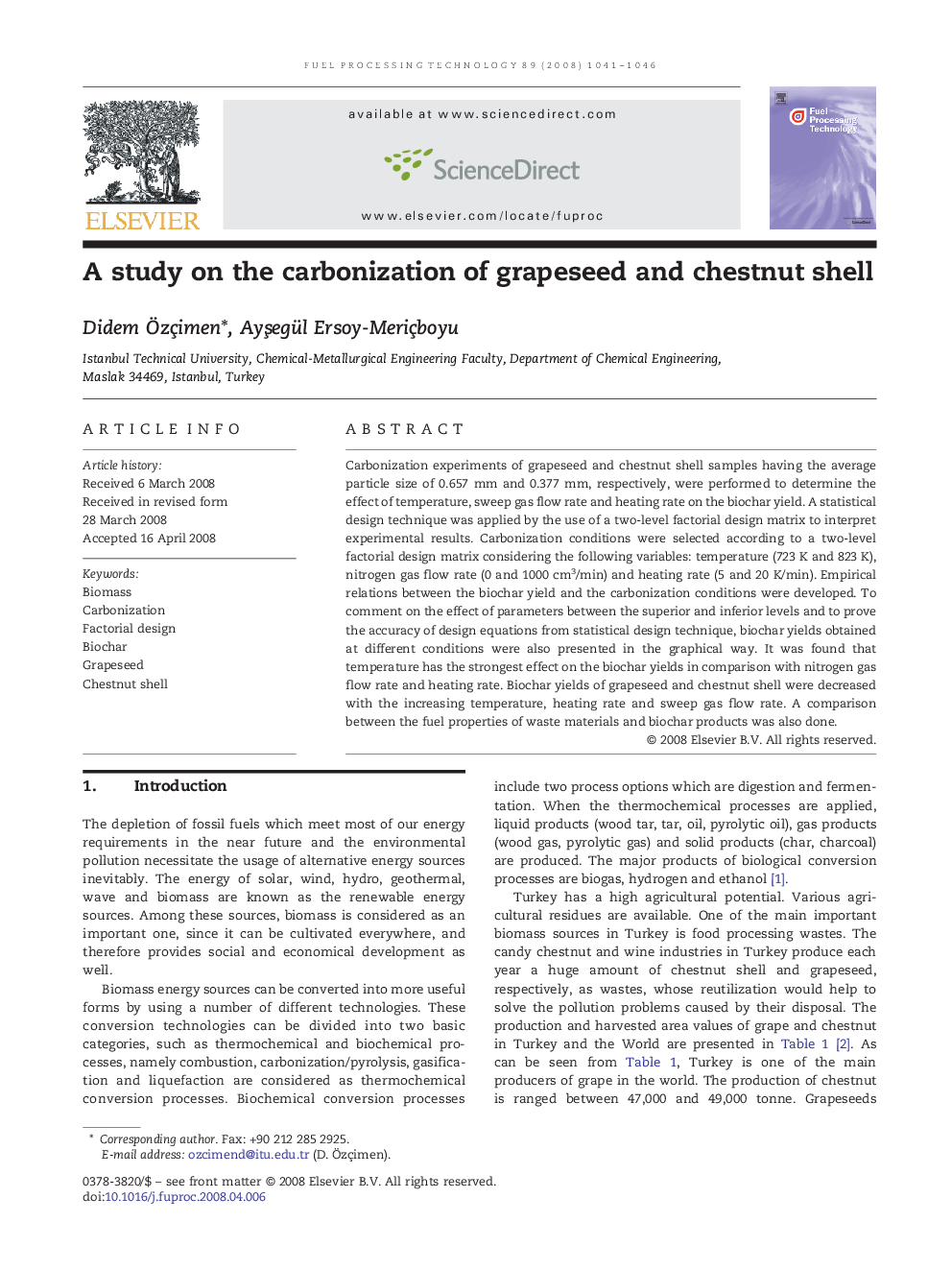 A study on the carbonization of grapeseed and chestnut shell