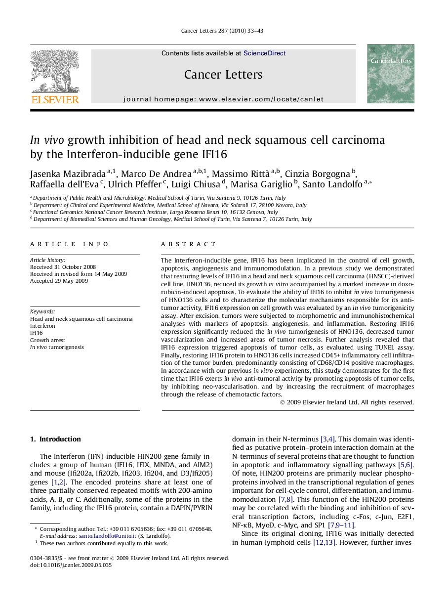 In vivo growth inhibition of head and neck squamous cell carcinoma by the Interferon-inducible gene IFI16