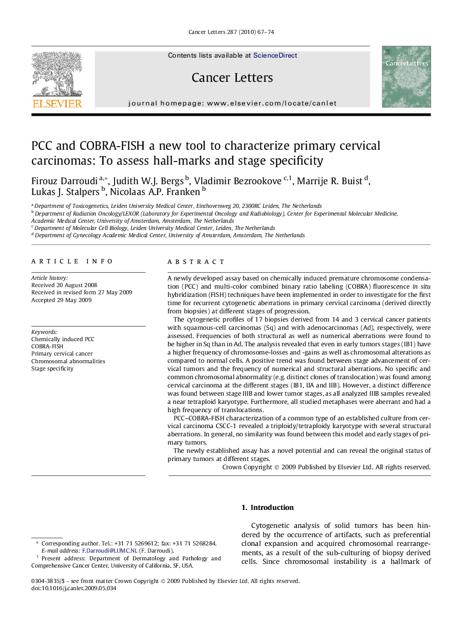 PCC and COBRA-FISH a new tool to characterize primary cervical carcinomas: To assess hall-marks and stage specificity